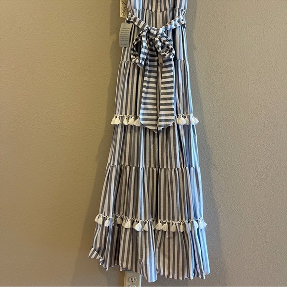 Eliza J Striped Summer Tiered Ruffle Tassel Trim Maxi Dress Preppy Sleeveless 2P - Picture 13 of 16